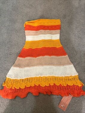 Striped Crochet Strapless Dress in Orange, Yellow & Cream